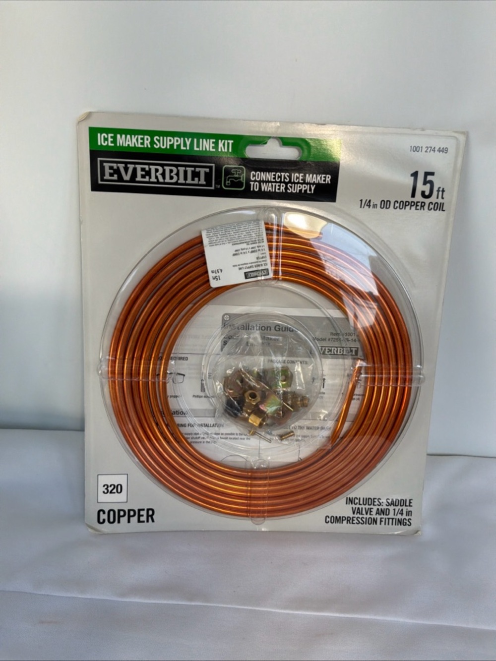 EVERBILT 1001 274 449 ICE MAKER SUPPLY LINE KIT 15FT 1/4" OD COPPER COIL